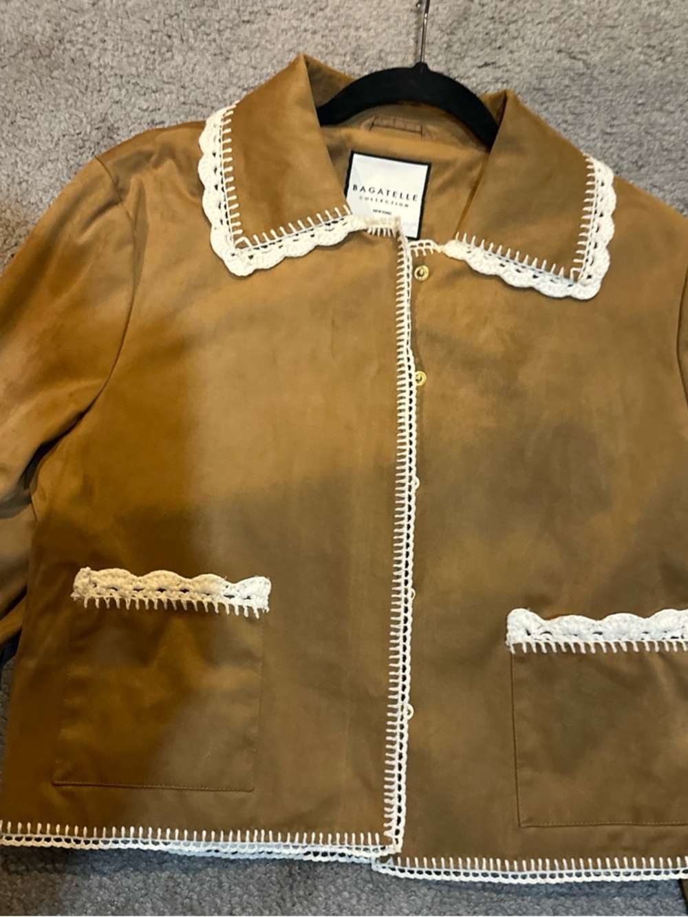 bagatelle tan suede jacket with white crochet trim